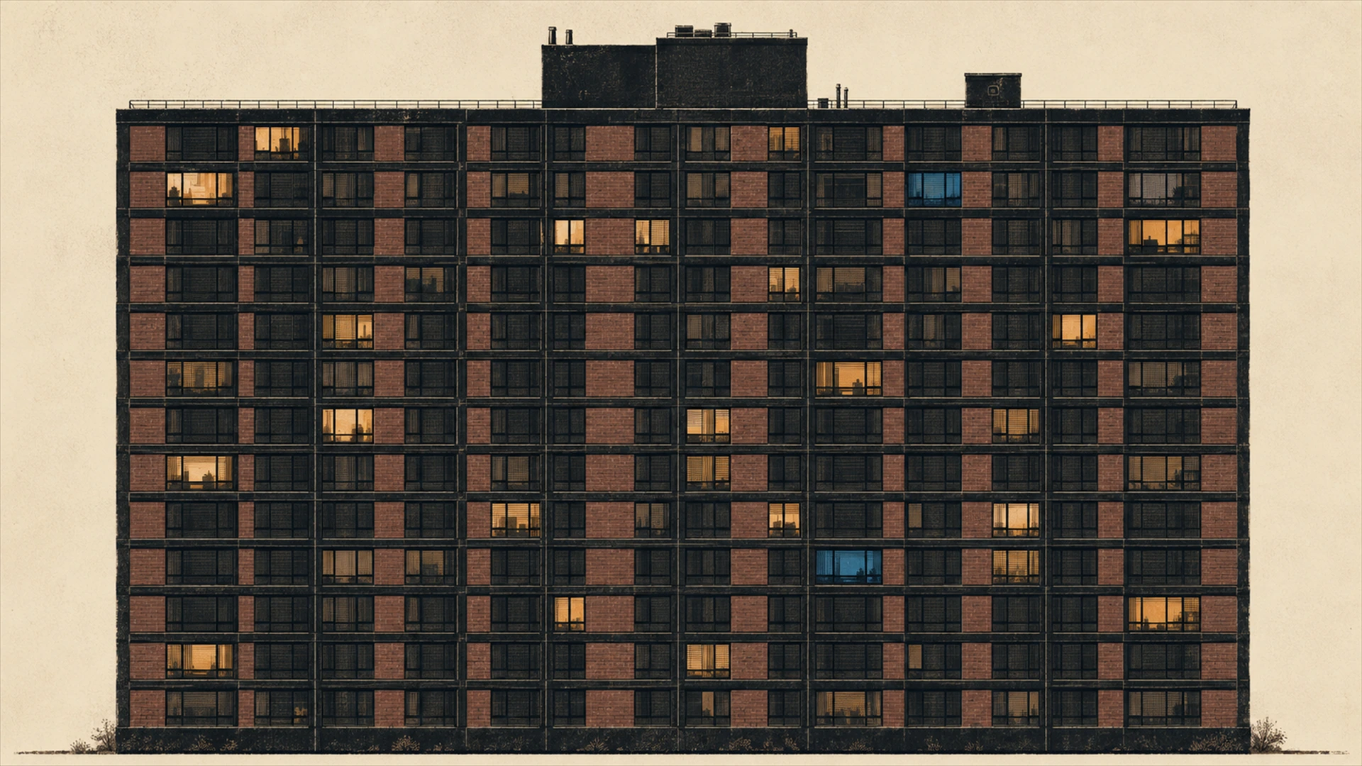 A graphic architectural elevation of a Chicago apartment building with a grid of windows